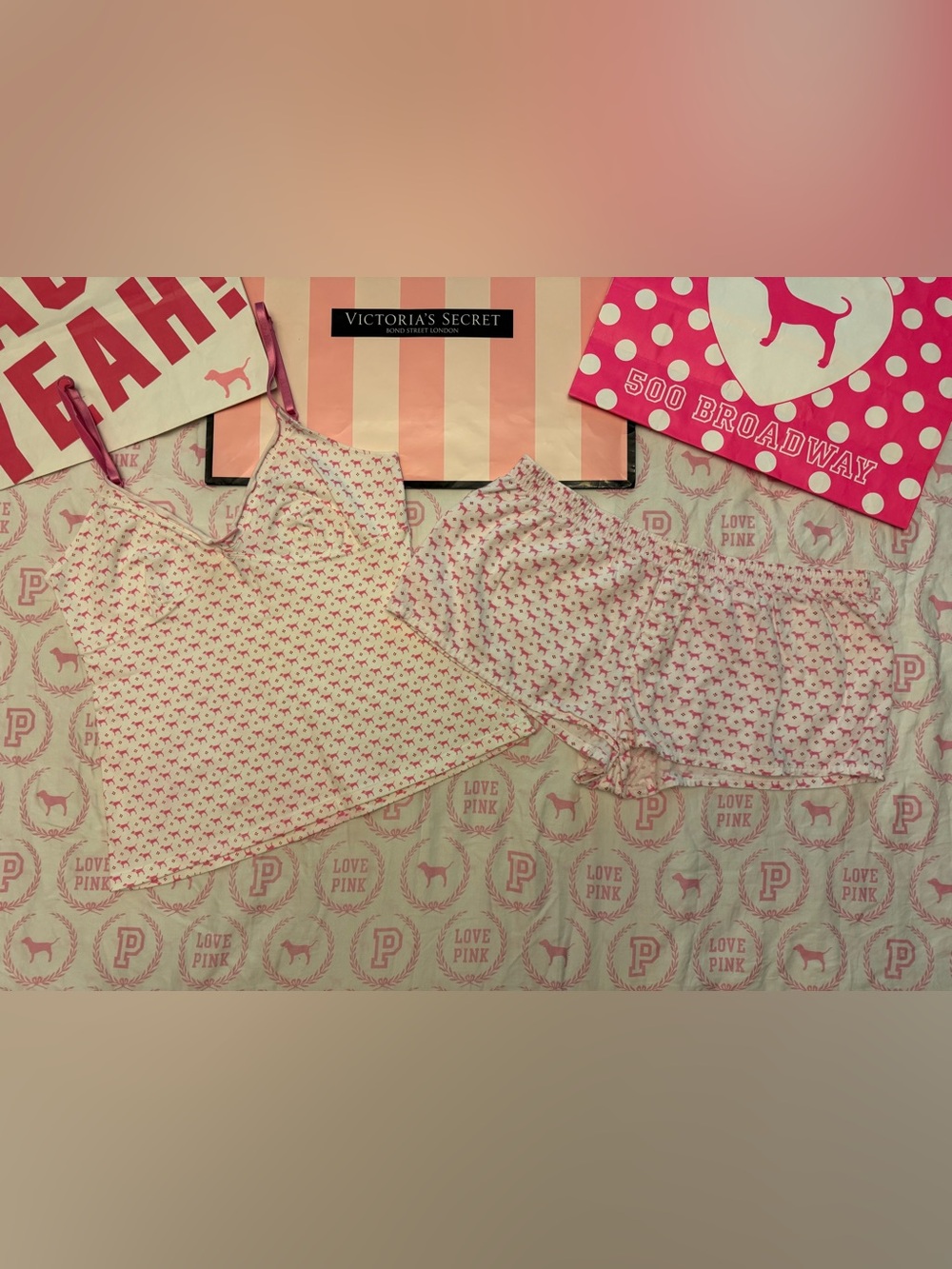 VS PINK VINTAGE Y2K SET CAMI TANK TOP & BOXER SHORTS ALL OVER DOG PUP PRINT RARE